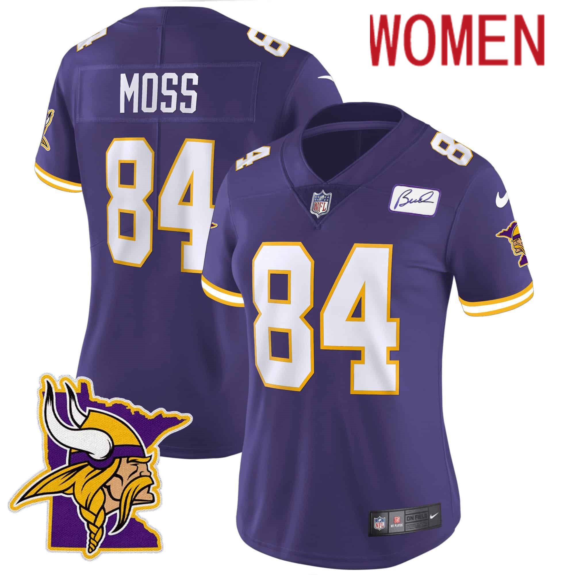 Women Minnesota Vikings 84 Moss Purple 2024 Nike Patch Classic Limited NFL Jersey style 1
